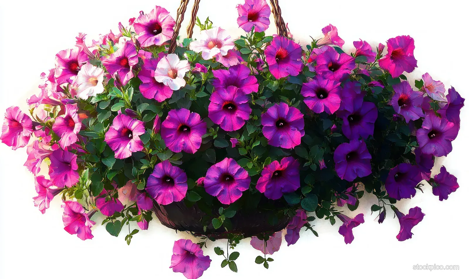 Hanging basket of blooming pink and purple petunias with lush green leaves against a white background.