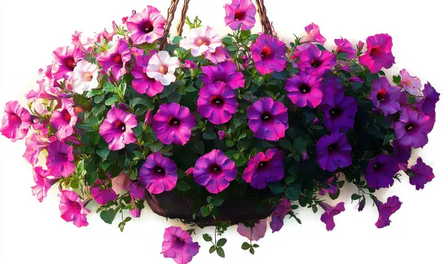 Hanging basket of blooming pink and purple petunias with lush green leaves against a white background.