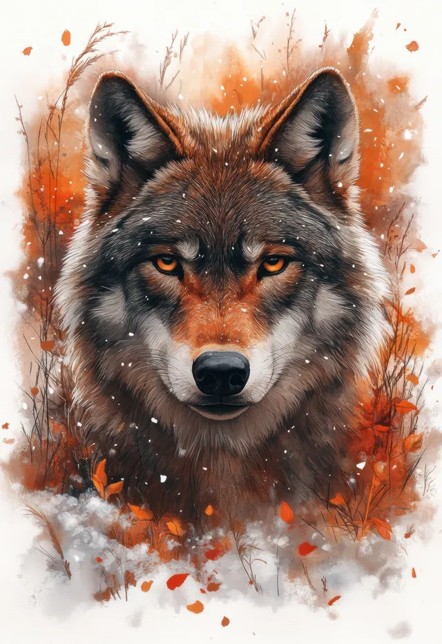Gray wolf watercolor portrait with amber eyes, autumn leaves, and falling snow