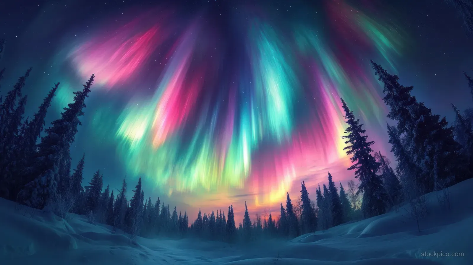 Aurora borealis glows over a snowy pine forest, casting pink and green light streaks across the winter night sky.