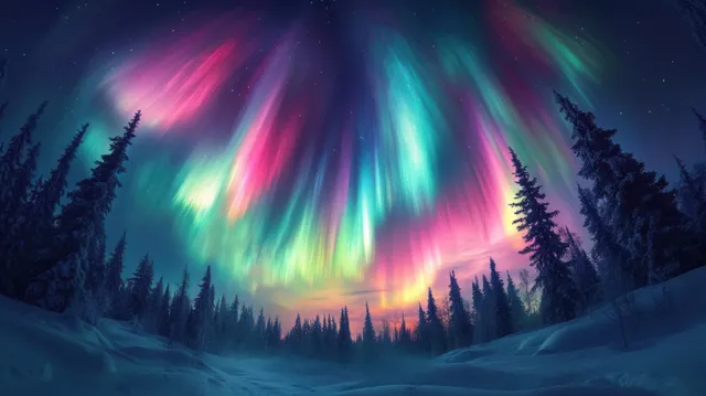 Aurora borealis glows over a snowy pine forest, casting pink and green light streaks across the winter night sky.
