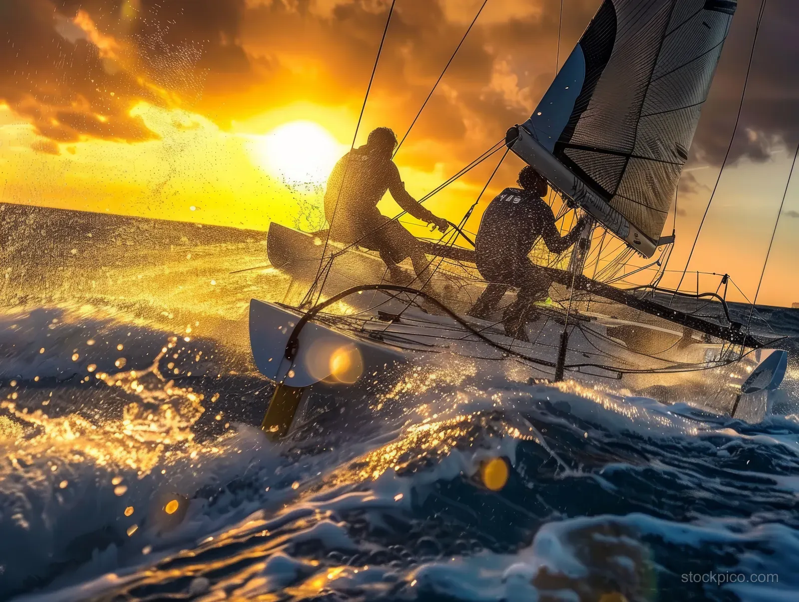 Two sailors on a Nacra 17 catamaran lean into the turn while sails catch the sunset over choppy waves.