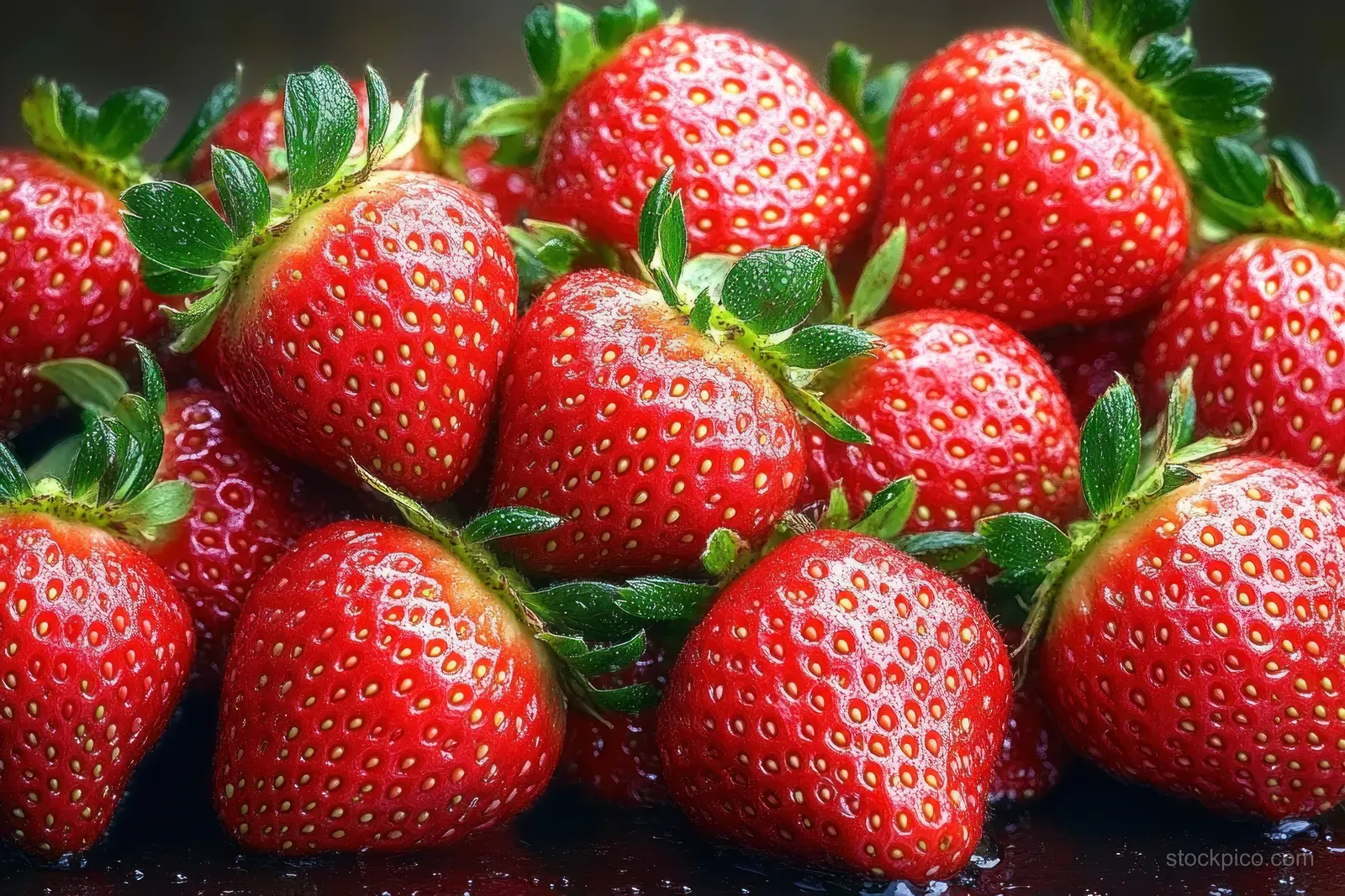 Ripe red strawberries with green leaves and water droplets fill the frame in soft natural light.