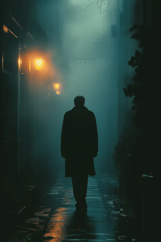 Silhouetted man walking down a foggy midnight alley with streetlights glowing and puddle reflections.