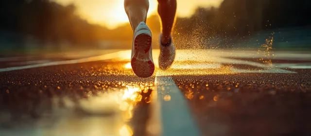 Sprinter’s legs stride along a red stadium track at golden hour, with warm sun flare and dust behind the shoes.