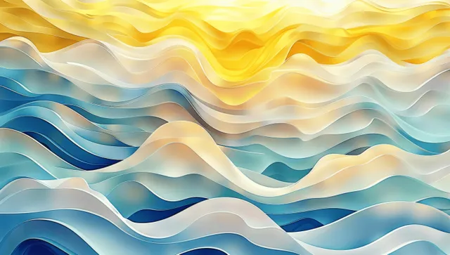Pastel watercolor wave swirls over paper-cut layers with yellow sunlit highlights