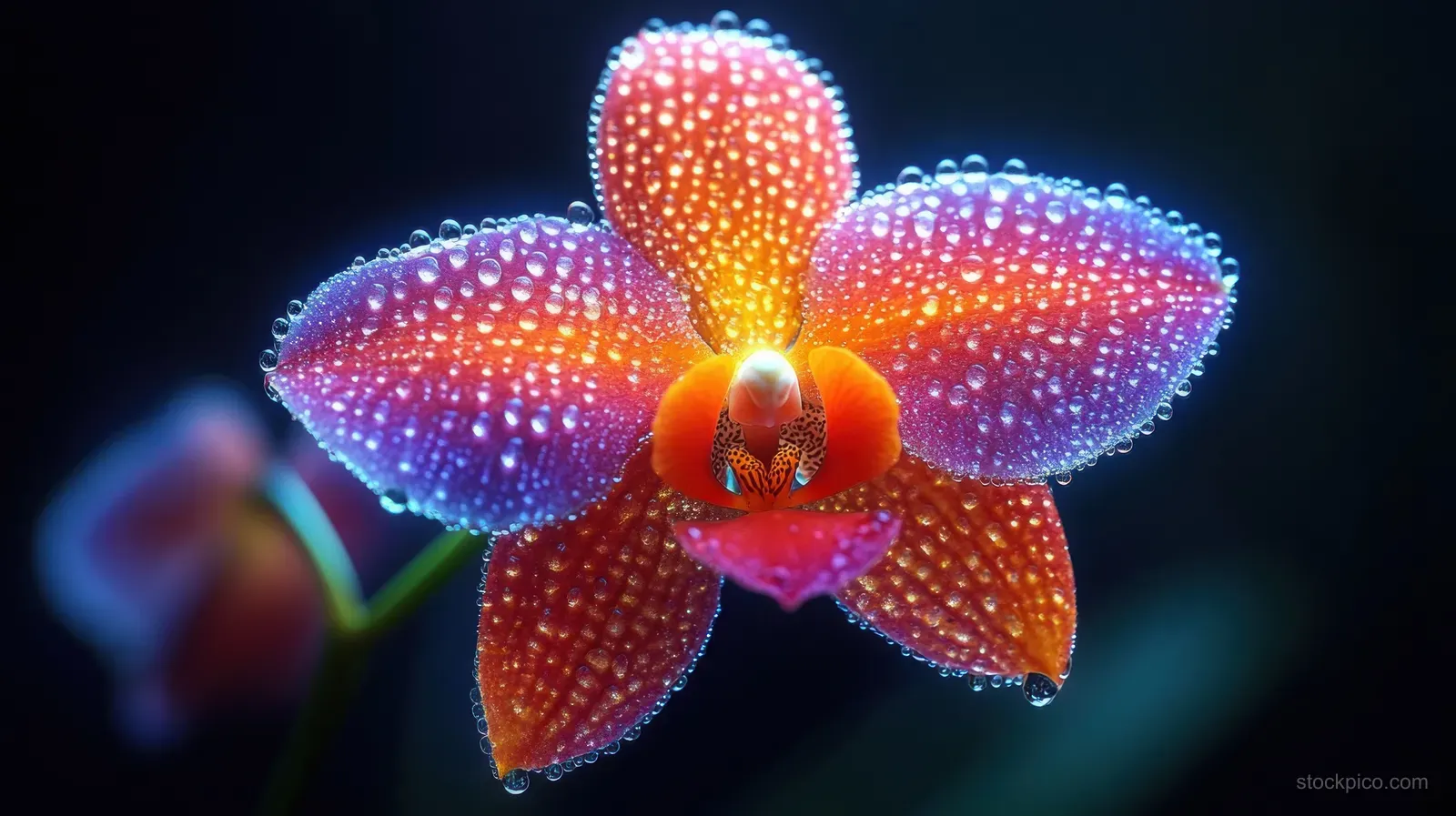 Macro view of an orange and purple orchid flower covered with dewdrops against a dark background.