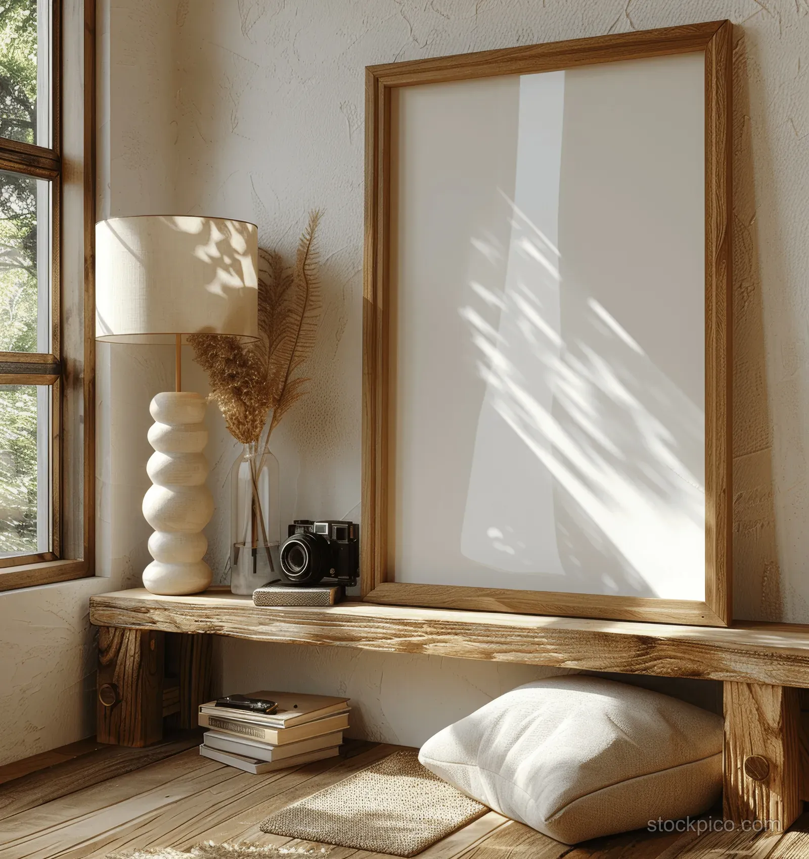 Wooden A4 frame on a shelf next to a white pebble lamp and a small vintage camera in warm daylight.