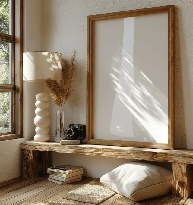 Wooden A4 frame on a shelf next to a white pebble lamp and a small vintage camera in warm daylight.