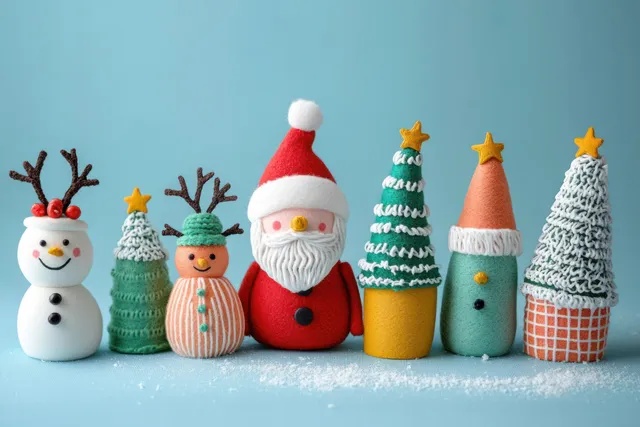 Handmade Santa, snowman, and reindeer crafts stand upright with small tree figures on a blue background.