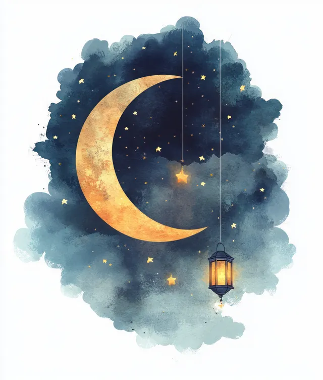 Watercolor crescent moon and glowing lantern hanging over dark blue night clouds with small stars.