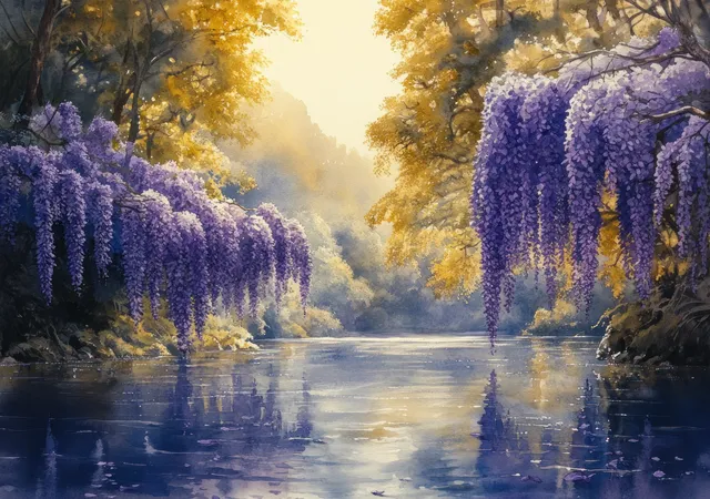 Purple wisteria blooms hang over a calm river under golden sunrise light.