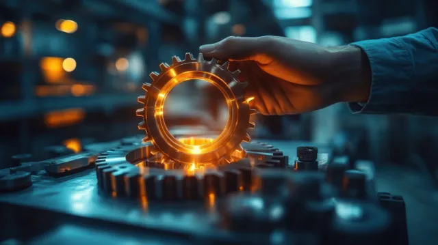 Hand adjusts glowing gear-shaped digital icon on blurred corporate workstation