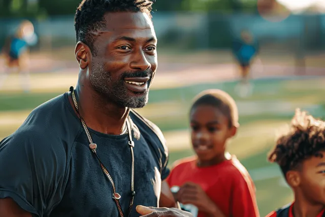 A coach speaks with youth players on a sunny outdoor sports field during practice.
