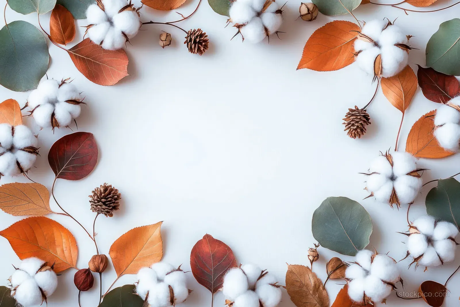 Cotton flowers and dried leaves arranged in an autumn wreath frame on a white background.