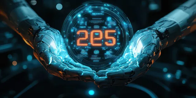 Glowing robotic hands cradle a holographic 2025 sphere in dark neon cyberspace