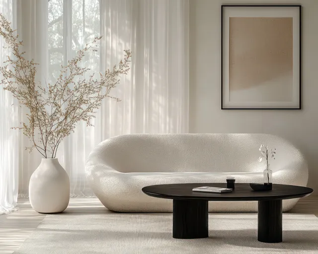 Curved white sofa and round black coffee table sit in a bright minimalist room with sheer white curtains and a white vase.