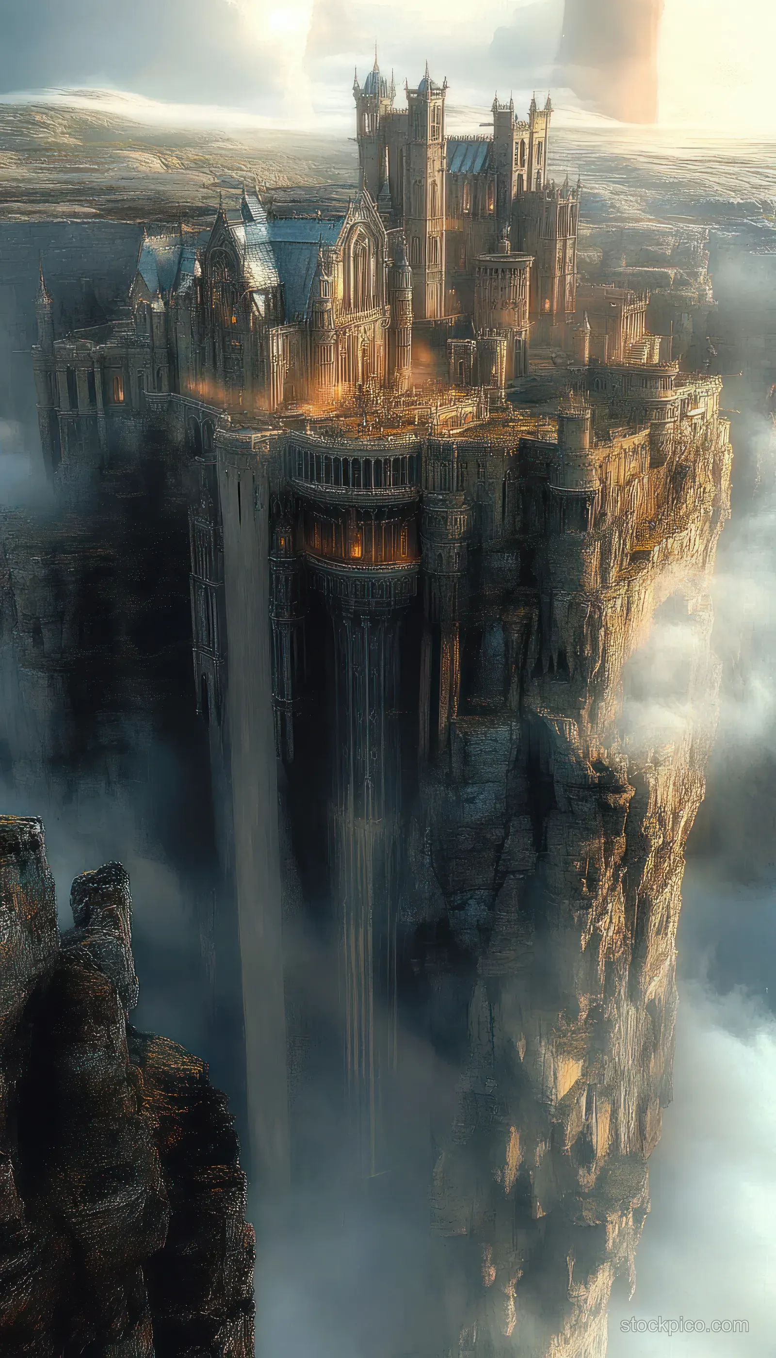 Ancient gothic fortress towers atop a misty cliff under soft golden sunrise light.