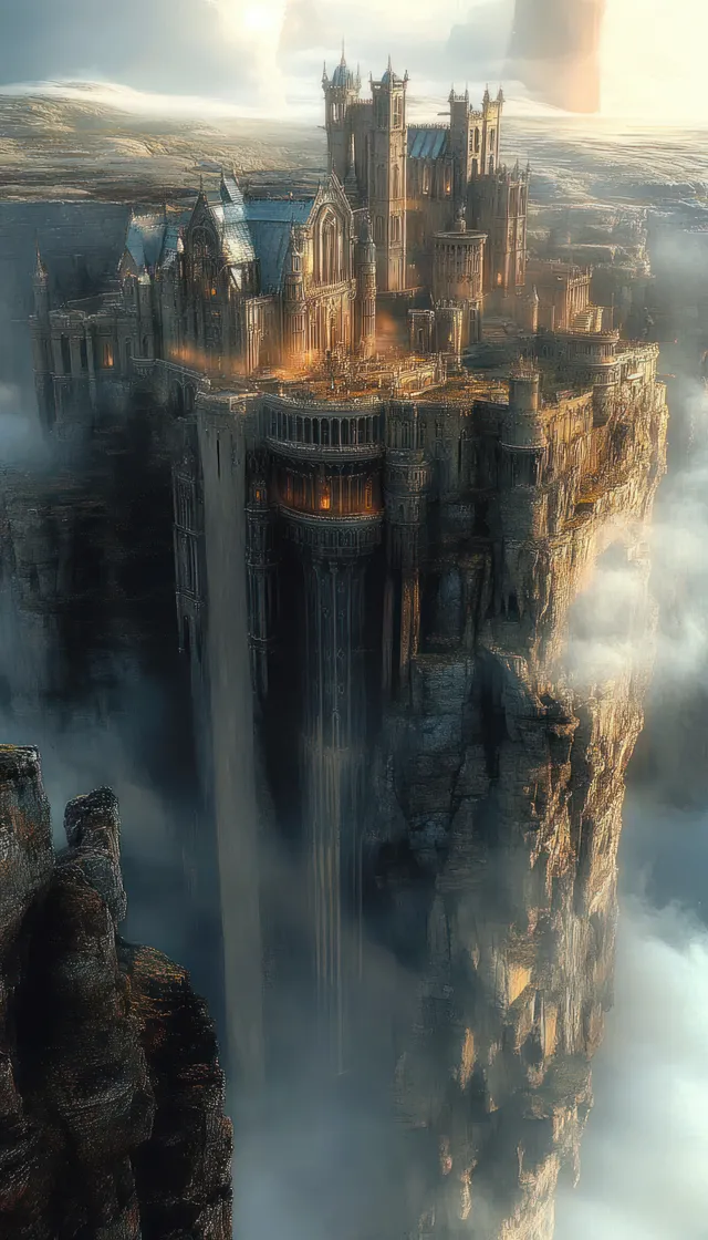 Ancient gothic fortress towers atop a misty cliff under soft golden sunrise light.