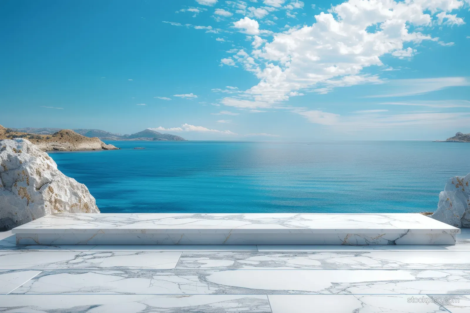 White marble tabletop in front of a blurred blue ocean and bright sky from a Greek island viewpoint.