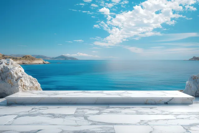White marble table top in Greek island setting with blurred blue ocean horizon