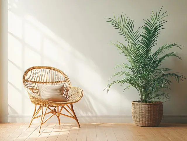 A rattan lounge chair and a potted palm plant sit in a warm beige Scandinavian room with soft sunlight.