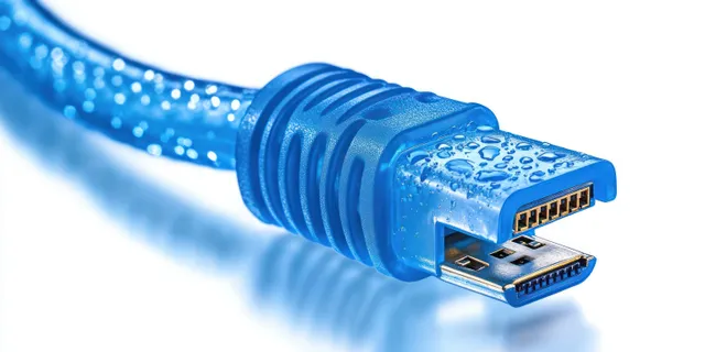 Close-up of a blue Ethernet connector with water droplets, highlighting its texture and contact points on a white background.