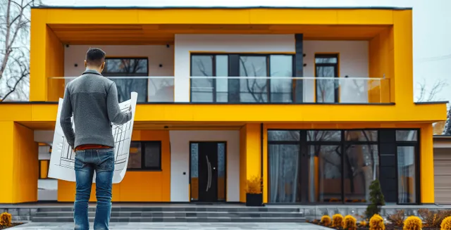 A construction manager reviews blueprints standing outside a bright orange modern house with a white walkway.