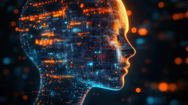 A glowing circuit-built digital head silhouette with floating data points in a dark AI visualization scene.