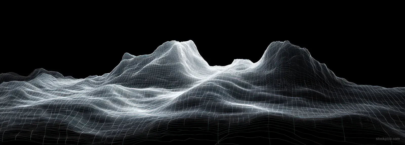 Glowing wireframe mountain terrain with illuminated grid contour lines over a black background.