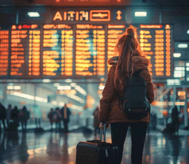 A young woman with a backpack and suitcase checks a glowing flight information board in an airport terminal at night.
