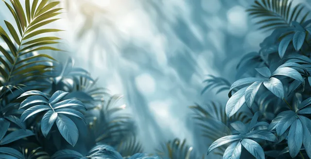 Soft-focus palm leaf shadows on white wall with pastel blue light haze