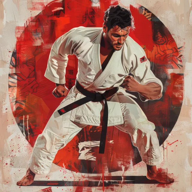 A Georgian heavyweight judo fighter showcases dynamic action and intensity in a stylized martial arts scene.