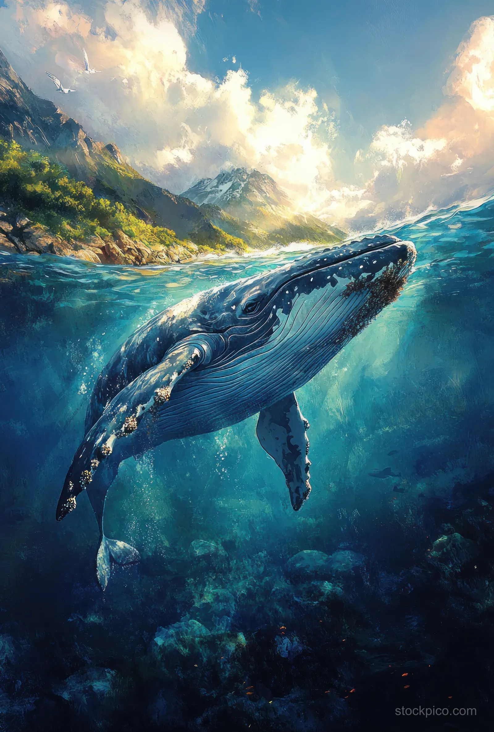 A blue whale swims underwater in watercolor-style ocean waves toward a rocky horizon.