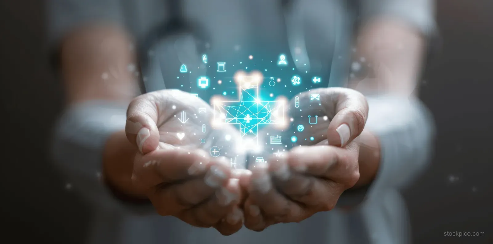 A doctor holds open hands with a glowing medical cross icon and digital particle overlay suggesting medical coverage access.
