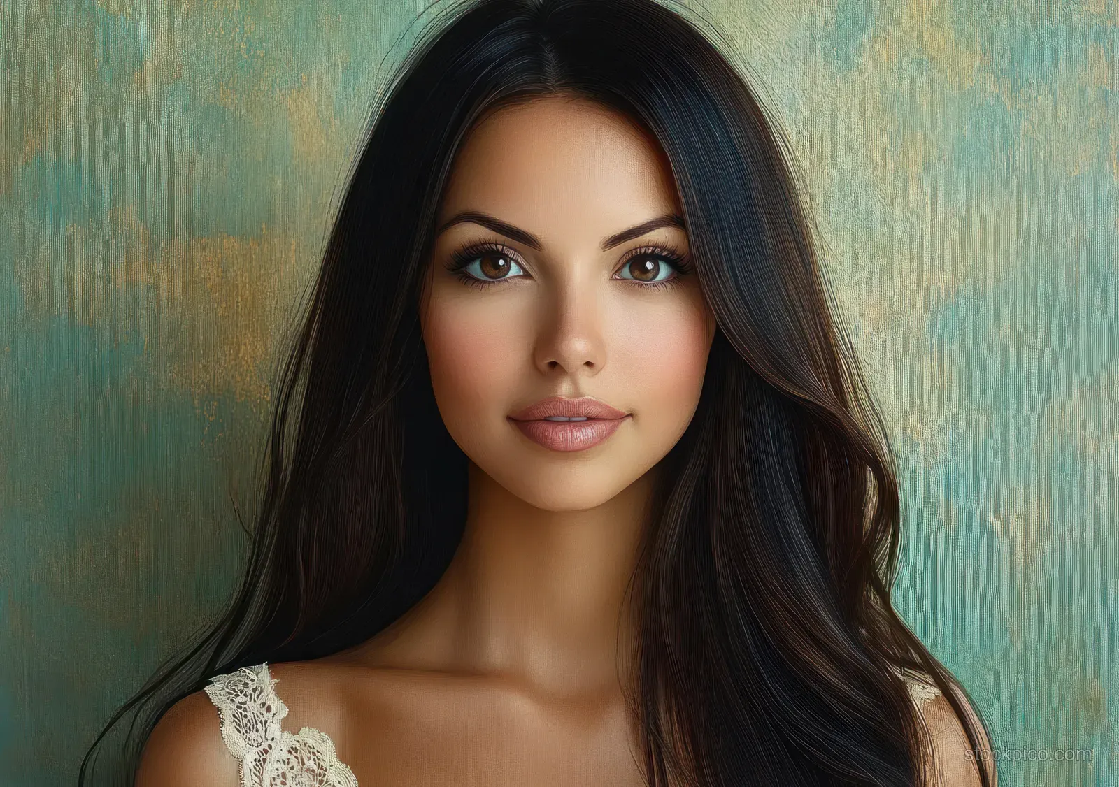 Young woman with long dark hair and lace top looks at camera against textured teal background.