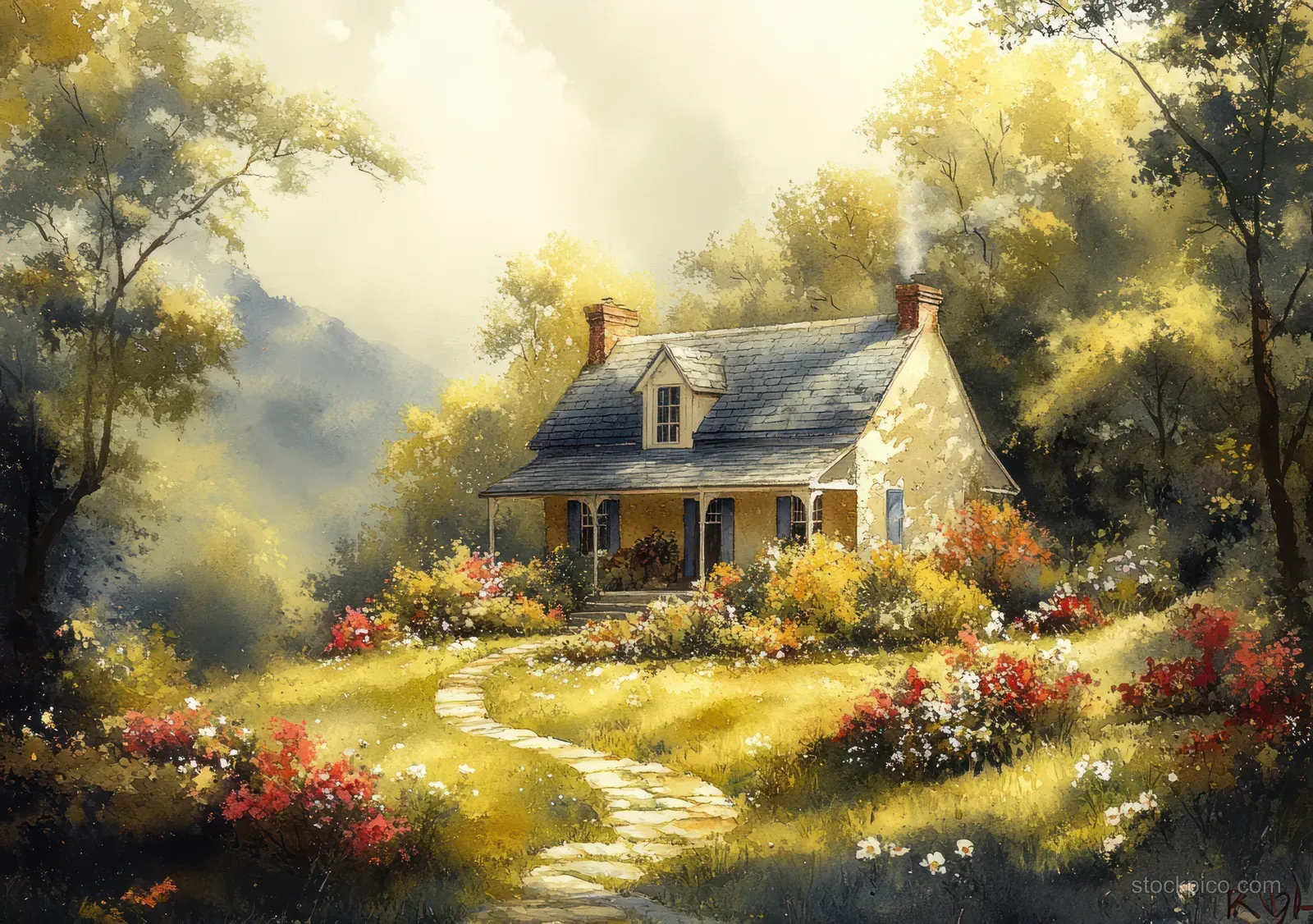 Watercolor cottage sits on a green hillside beside a winding path with blooming red flowers and surrounding trees.
