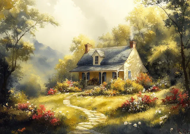 Watercolor summer cottage among green trees, winding path, and red blossoms
