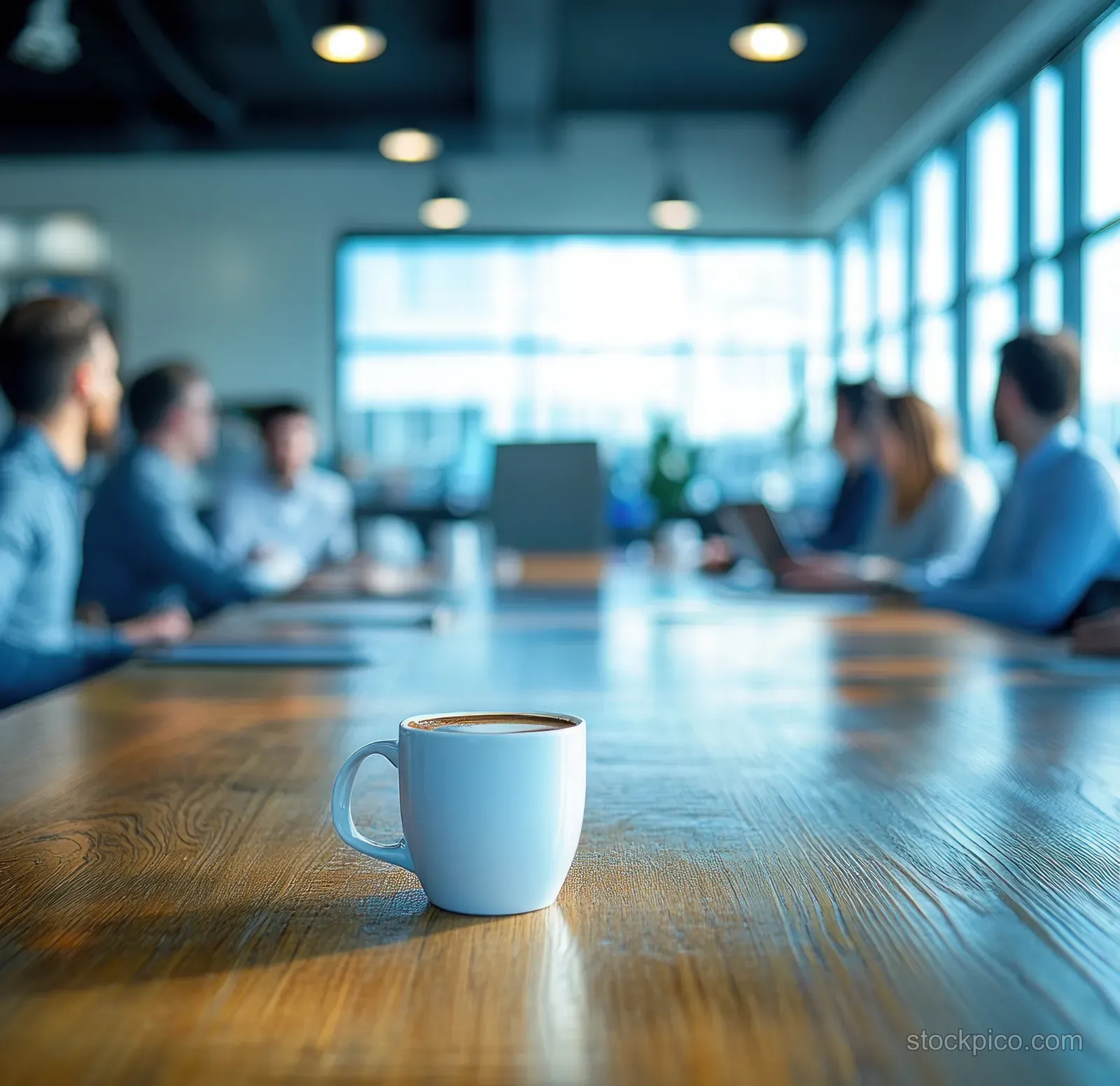 Coffee cup on a wooden boardroom table with a diverse group blurred behind during a presentation.