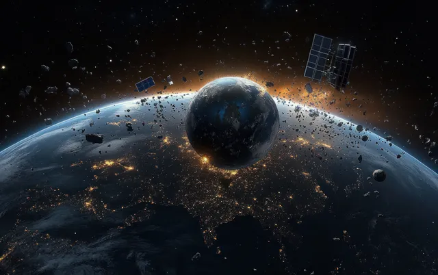 Earth is surrounded by orbiting satellite debris and glowing fragments in dark deep space.