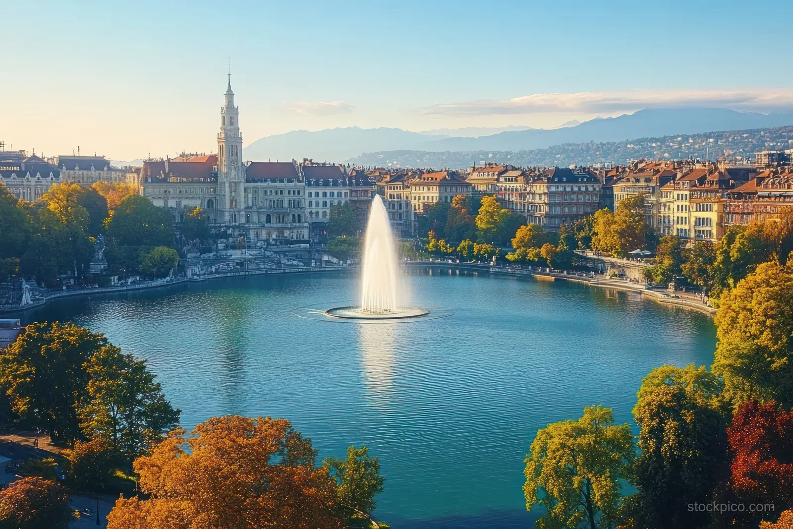 Aerial view of Lake Geneva in Geneva with a fountain and historic waterfront buildings under a blue sky.
