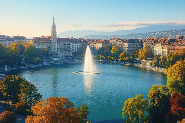 Aerial view of Lake Geneva in Geneva with a fountain and historic waterfront buildings under a blue sky.
