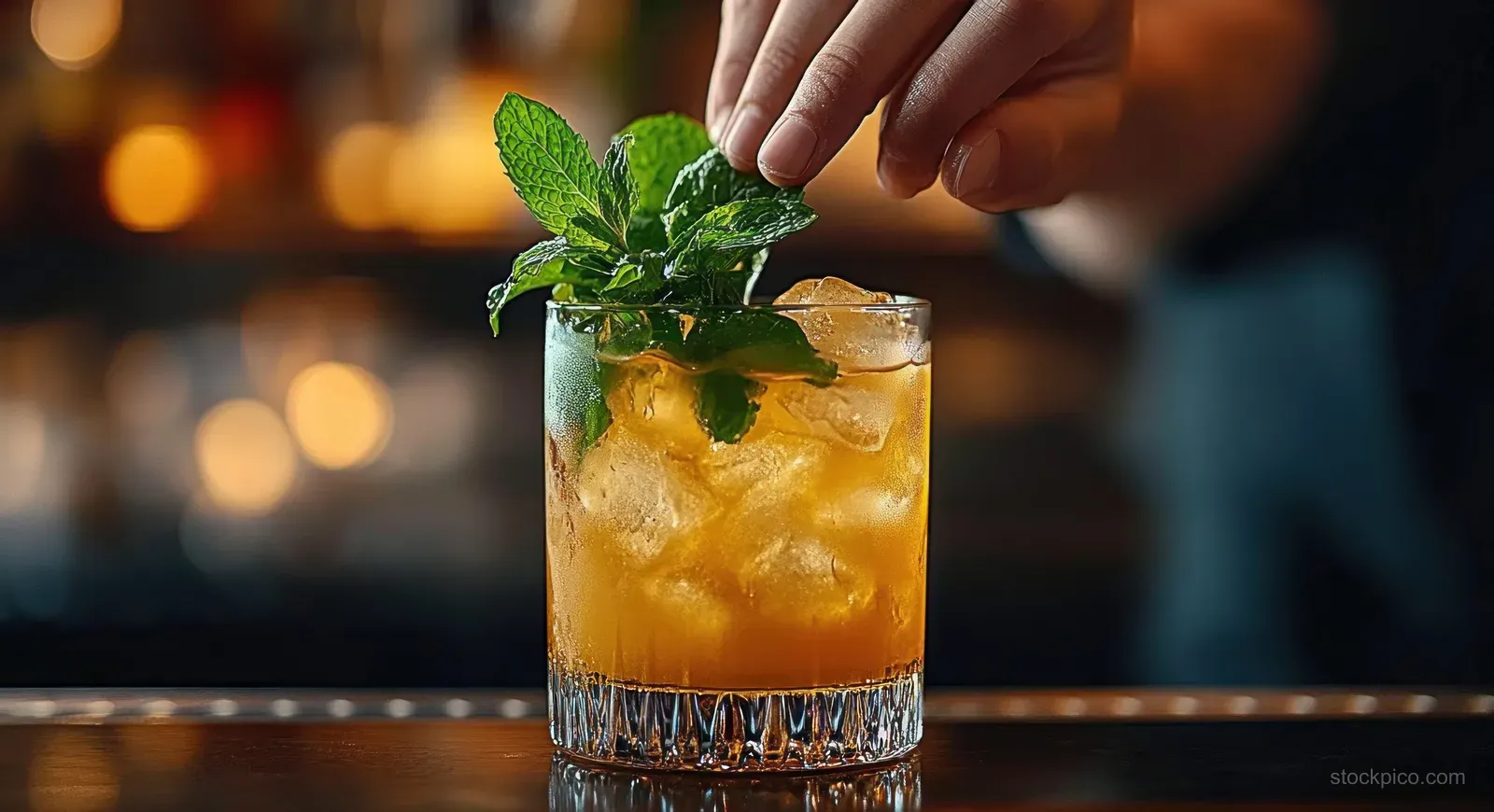 A hand garnishes an iced cocktail with fresh mint leaves in a crystal glass while bar lights blur behind it.