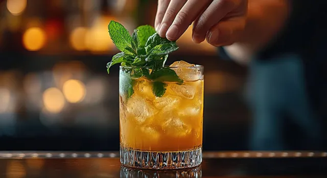 Hand garnishes an iced cocktail with fresh mint leaves on a crystal glass