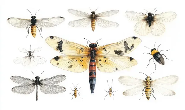 A yellow and black dragonfly with transparent wings is shown with various beetles and wasps in a scientific-style insect illustration.