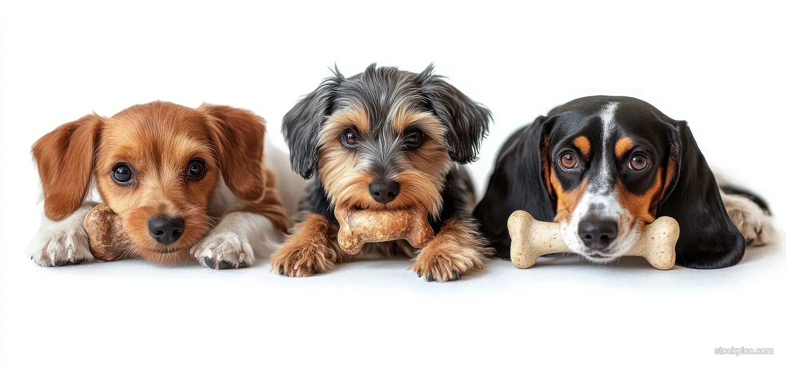 Three small dogs lie side by side on a white background, each holding a bone-shaped biscuit and looking at the camera.