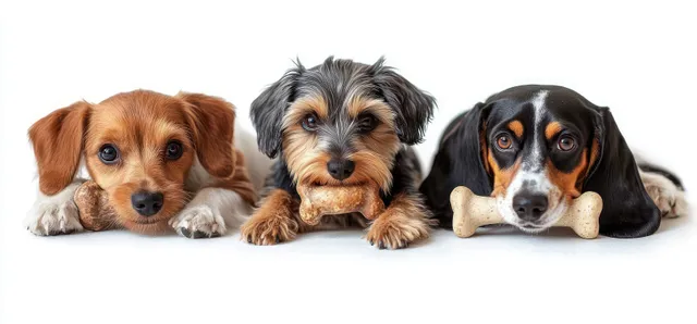 Three small dogs lie side by side on a white background, each holding a bone-shaped biscuit and looking at the camera.