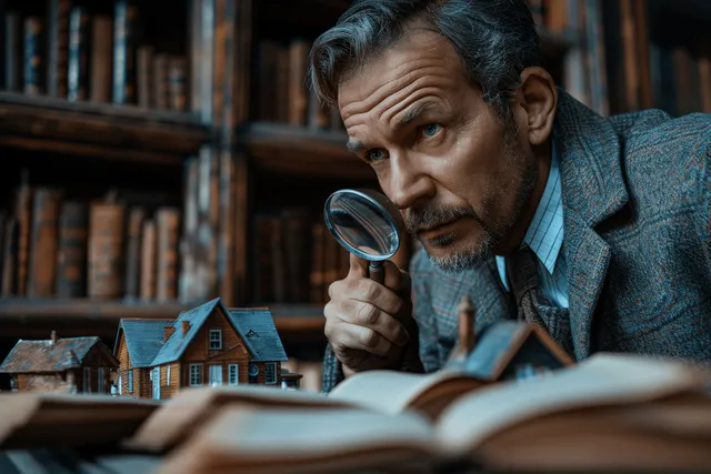 Real estate agent studies miniature house model with magnifying glass in office library setting