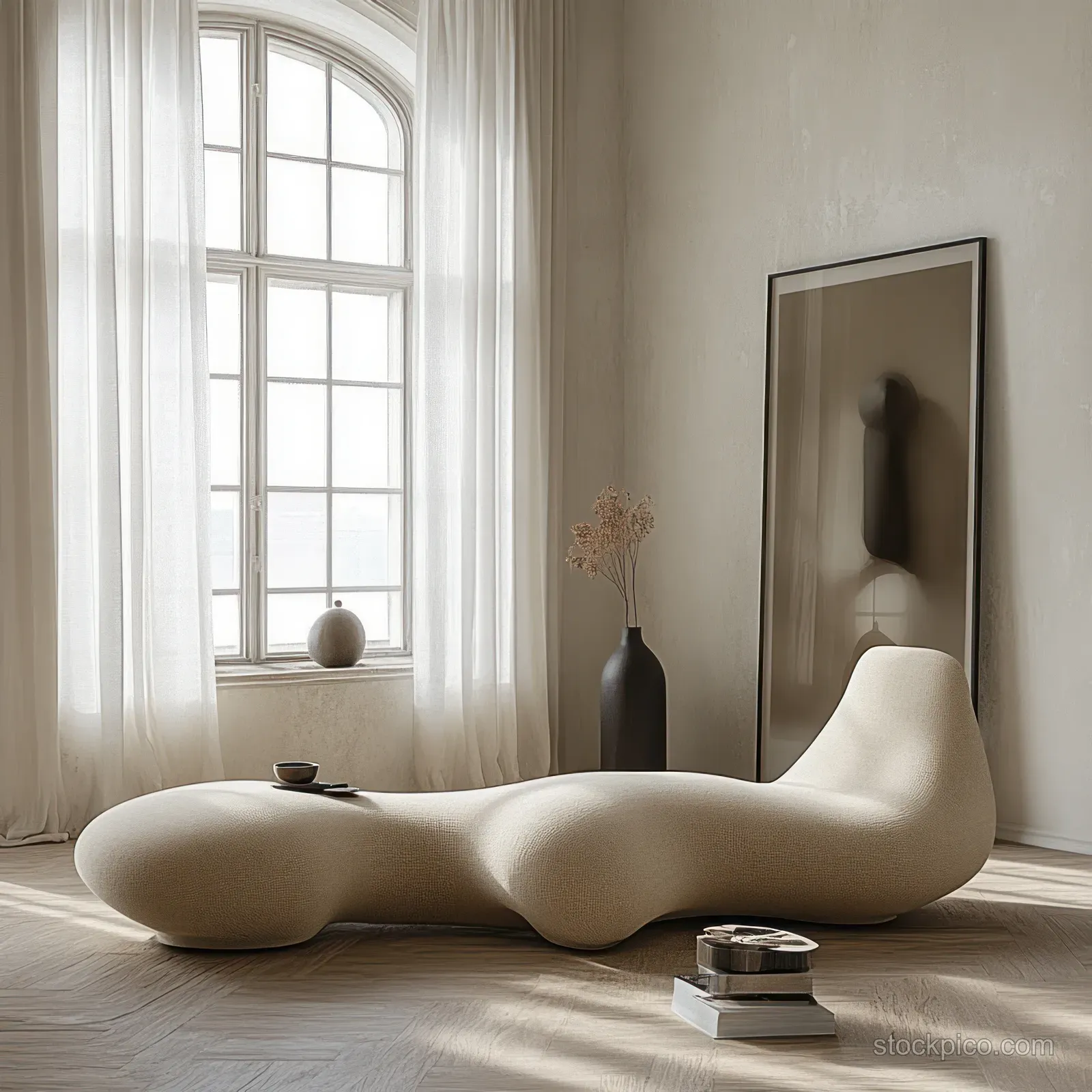 Curvy beige sofa and small side decor in a bright minimalist living room with tall windows.