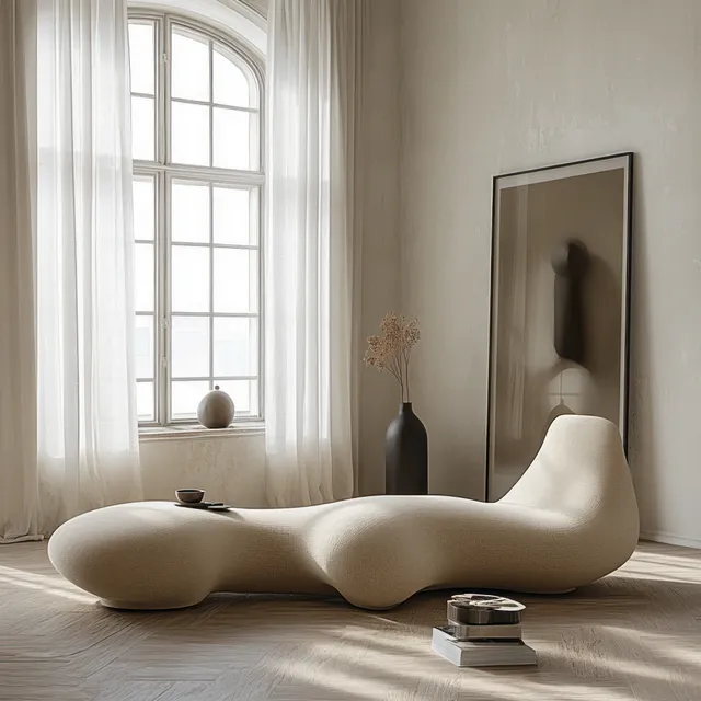 Curvy beige sofa in minimalist living room by tall windows, soft natural light